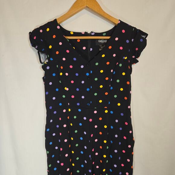 Collectif Thelma Rainbow Polka Dot Flutter Sleeve Cropped Jumpsuit V Neck 10 L - Picture 5 of 10